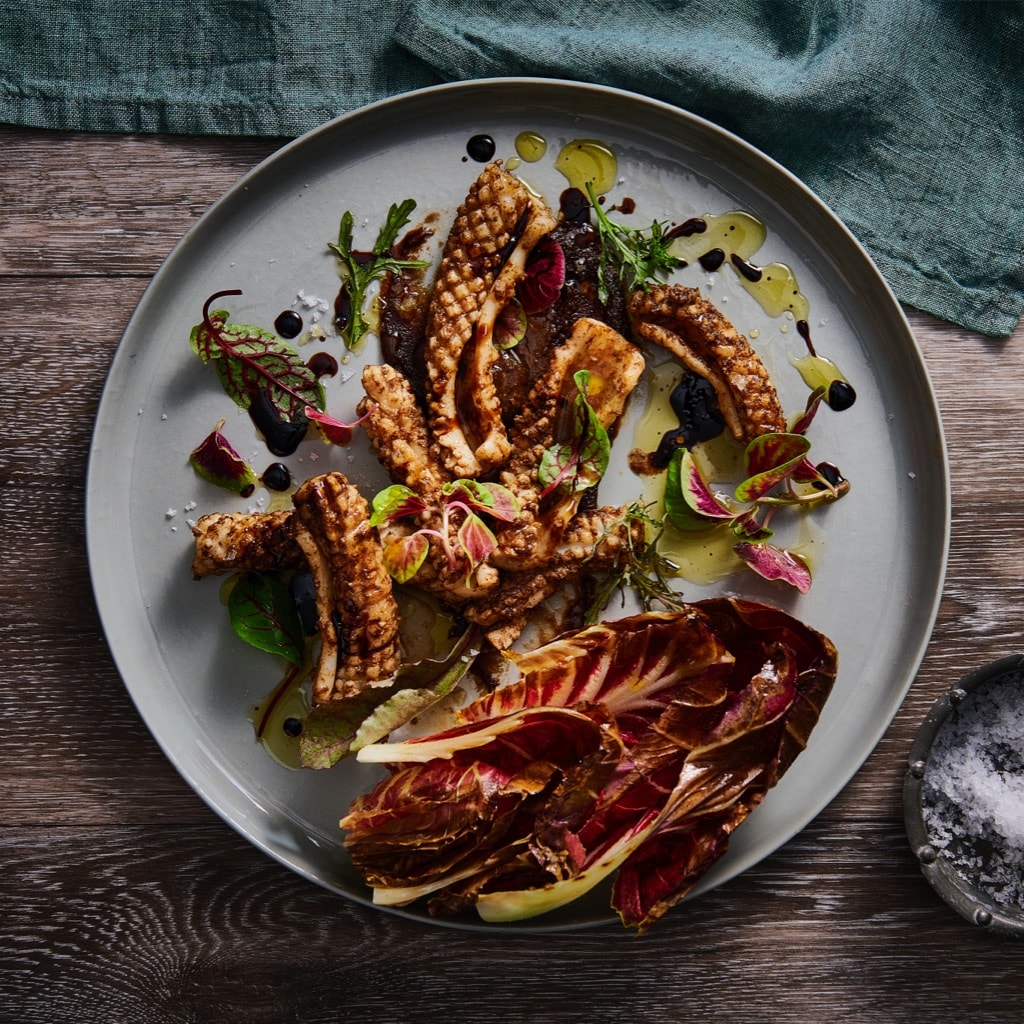 Balsamic Glazed Squid with Black Garlic Puree Balsamic Glazed Squid with Black Garlic Puree