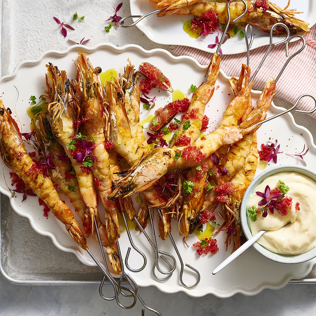 Charred Prawn Skewers with Lime Aioli