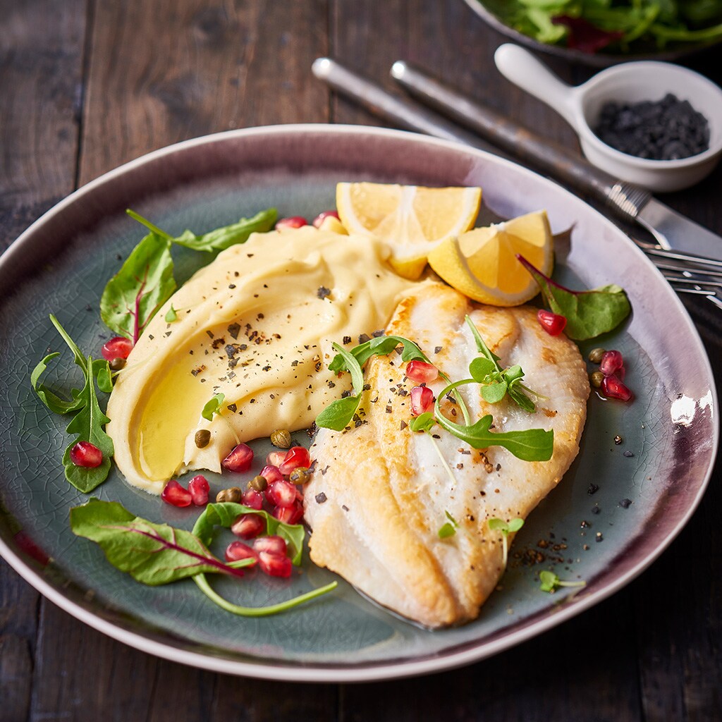 Pan Seared Fish with Potato Aioli, Pomegranate and Capers Pan Seared Fish with Potato Aioli, Pomegranate and Capers