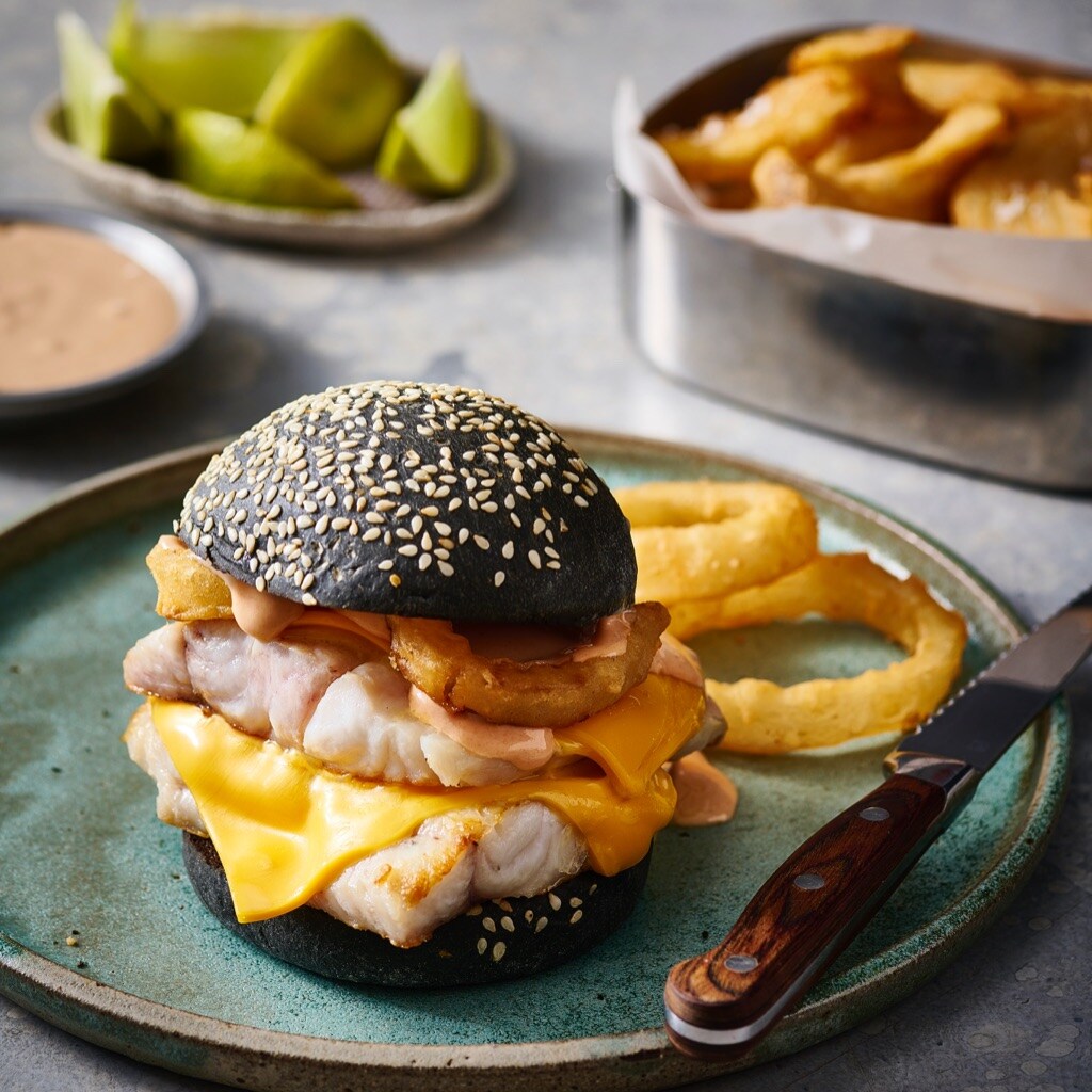 Snapper Cheese Burger with Salt and Vinegar Onion Rings