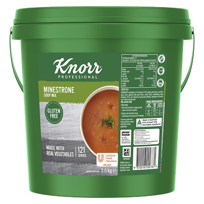 KNORR Professional Minestrone Soup Mix Gluten Free 2kg - This KNORR Professional Minestrone Gluten Free soup mix is quick & easy to use, has no added MSG and delivers an authentic homestyle taste.