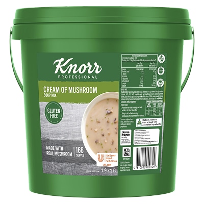 KNORR Professional Cream of Mushroom Soup Mix Gluten Free 1.9kg - This KNORR Professional Cream of Mushrooms Gluten Free soup mix is quick & easy to use, has no added MSG and delivers an authentic homestyle taste.