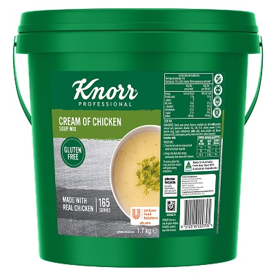 KNORR Professional Cream of Chicken Soup Mix Gluten Free 1.7kg - This KNORR Professional Cream of Chicken Gluten Free soup mix is quick & easy to use, has no added MSG and delivers an authentic homestyle taste.
