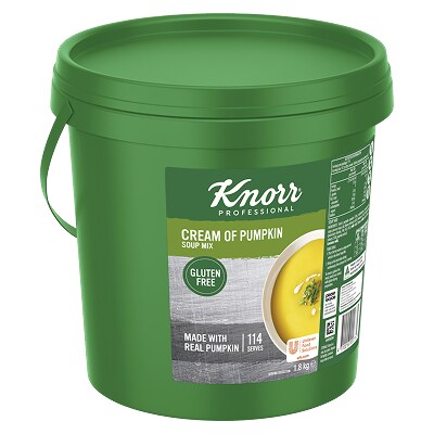 KNORR Professional Cream of Pumpkin Soup Mix Gluten Free 1.8kg - This KNORR Professional Cream of Pumpkin Gluten Free soup mix is quick & easy to use, has no added MSG and delivers an authentic homestyle taste.
