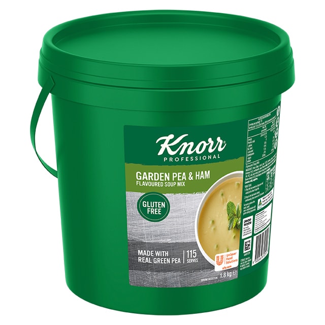 Knorr Professional Garden Pea and  Ham Dry Mix Soup Gluten Free 1.8kg - Knorr Professional Dry Mix Soups are made from real ingredients to deliver an authentic, scratch-like taste that evokes the comfort of home.