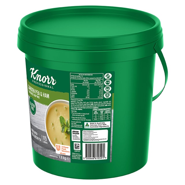 Knorr Professional Garden Pea and  Ham Dry Mix Soup Gluten Free 1.8kg - Knorr Professional Dry Mix Soups are made from real ingredients to deliver an authentic, scratch-like taste that evokes the comfort of home.