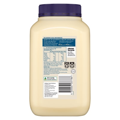 HELLMANN'S Real Mayonnaise Gluten Free 2.4kg - HELLMANN'S Real uses traditional ingredients for a scratch-made taste. It's made with 100% free-range egg yolks, vegetable oil, lemon juice and vinegar.