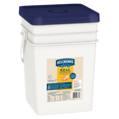 HELLMANN'S Real Mayonnaise Gluten Free 20kg - HELLMANN'S Real uses traditional ingredients for a scratch-made taste. It's made with real egg yolks & has no artificial colours or flavours.
