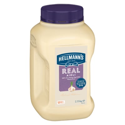 HELLMANN'S Real Aioli Gluten Free 2.35kg - HELLMANN'S Real Aioli is made to an authentic recipe using 100% free range egg yolks & infused with garlic for that balanced, real scratch made taste.