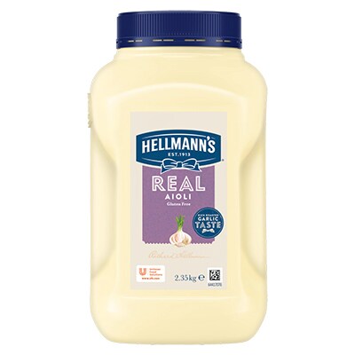 HELLMANN'S Real Aioli Gluten Free 2.35kg - HELLMANN'S Real Aioli is made to an authentic recipe using real egg yolks & infused with garlic for that balanced, real scratch made taste.
