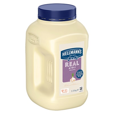HELLMANN'S Real Aioli Gluten Free 2.35kg - HELLMANN'S Real Aioli is made to an authentic recipe using real egg yolks & infused with garlic for that balanced, real scratch made taste.