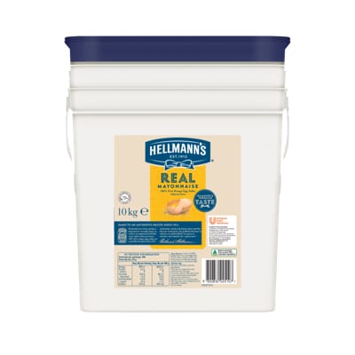 HELLMANN'S Real Mayonnaise Gluten Free 10kg - HELLMANN'S Real uses traditional ingredients for a scratch-made taste - 100% free-range egg yolks, vegetable oil, lemon juice, vinegar and seasoning.