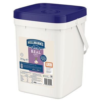 HELLMANN'S Real Aioli Gluten Free 10kg - HELLMANN'S Real Aioli is made to an authentic recipe using real egg yolks with an infusion of garlic for that balanced, scratch made taste.